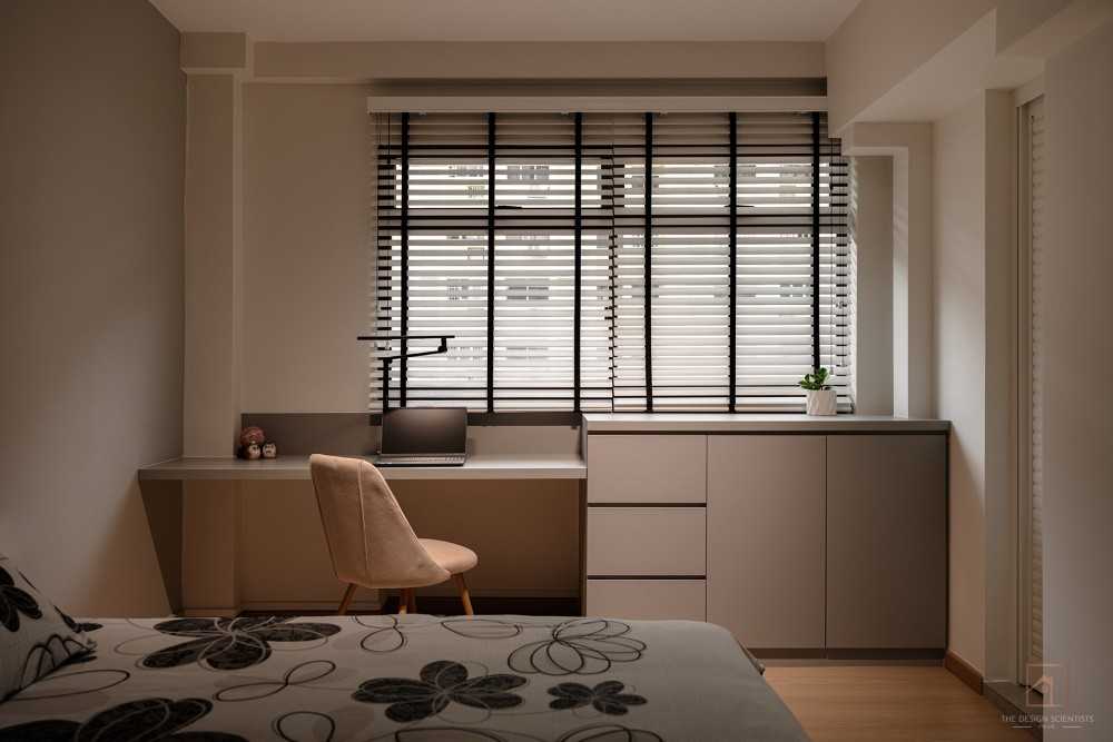 Scandinavian Bedroom with Wood Flooring and Sideboard