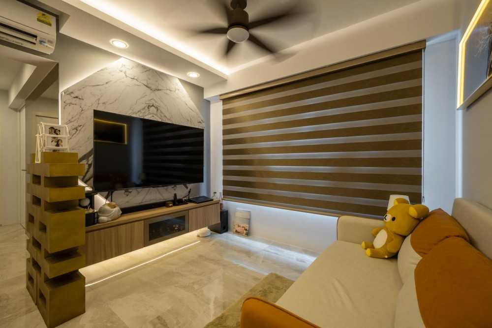 Contemporary Living Room with TV Console and Drop Ceiling