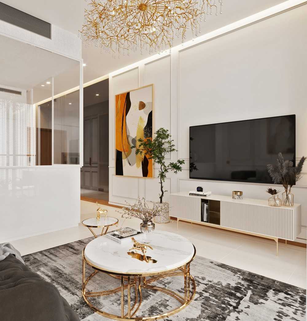 Modern Living Room with Cove Lighting and Chandelier