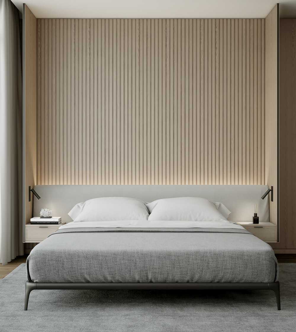 Scandinavian Bedroom with Cove Lighting and Built-in Bed