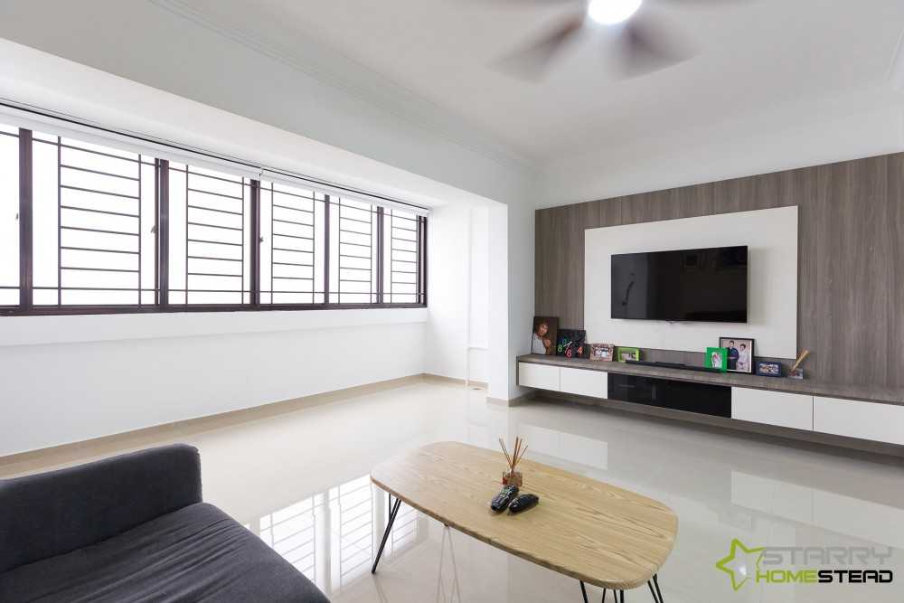 Scandinavian Living Room with TV Console and Feature Wall