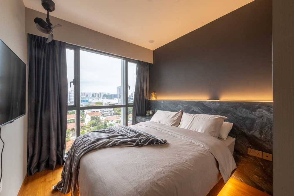 Modern Bedroom with Ceiling Light and Curtain