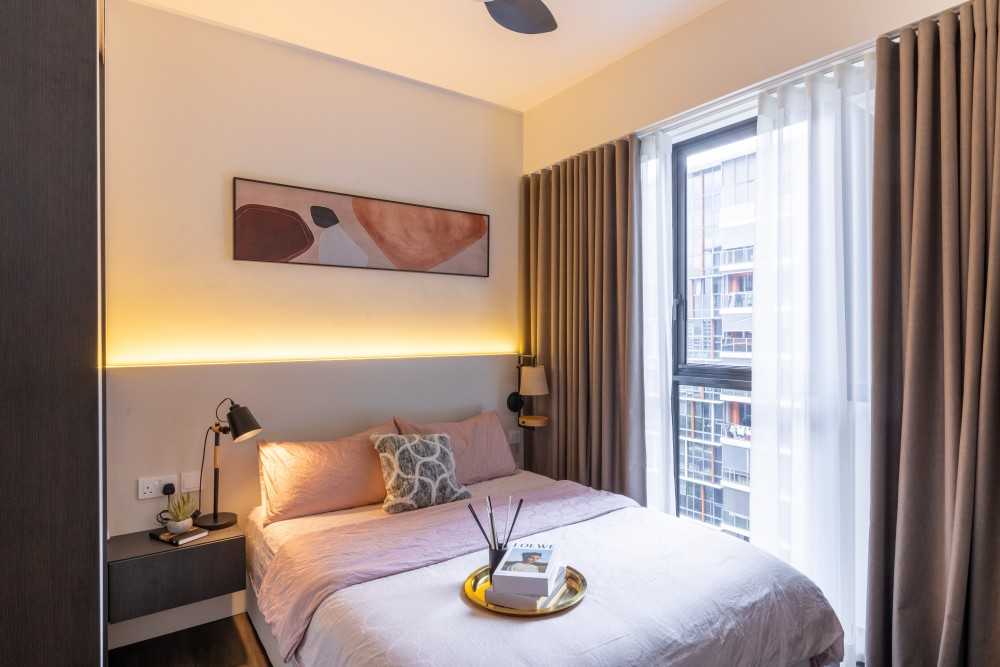 Minimalist Courtyard with Curtain and Bedside Table