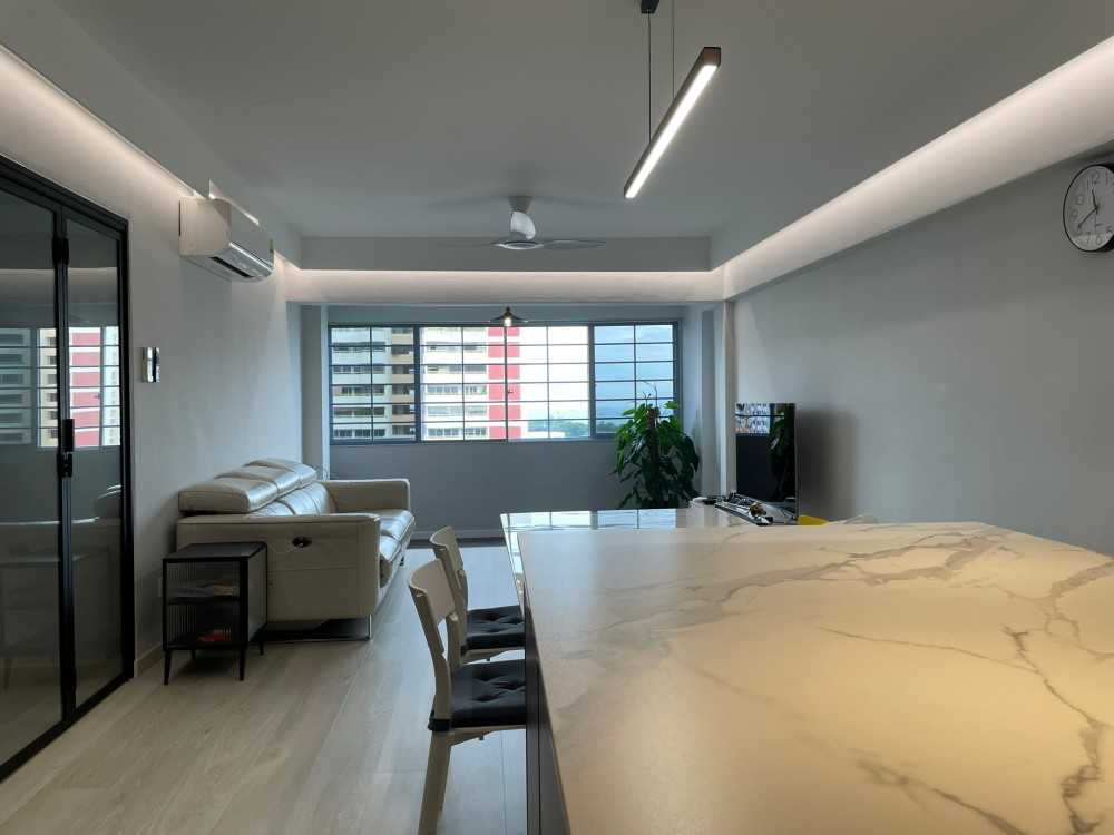 Contemporary Living Room with Vinyl Flooring and Cove Lighting