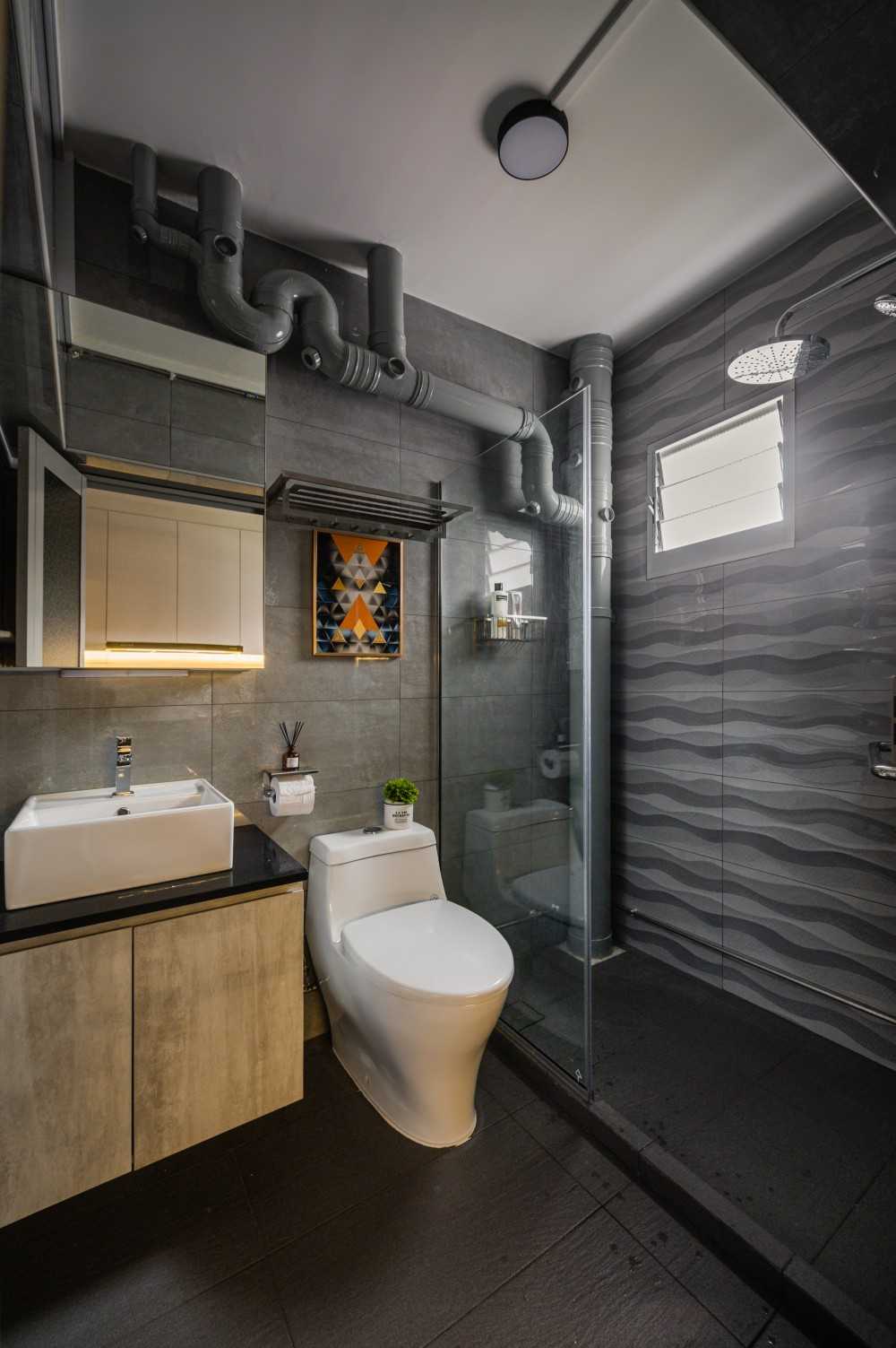 Scandinavian Bathroom with Homogeneous Tiles and Mirror