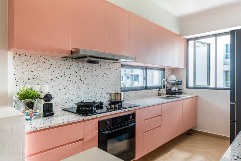 Modern Kitchen with Countertop and Herringbone Tiling