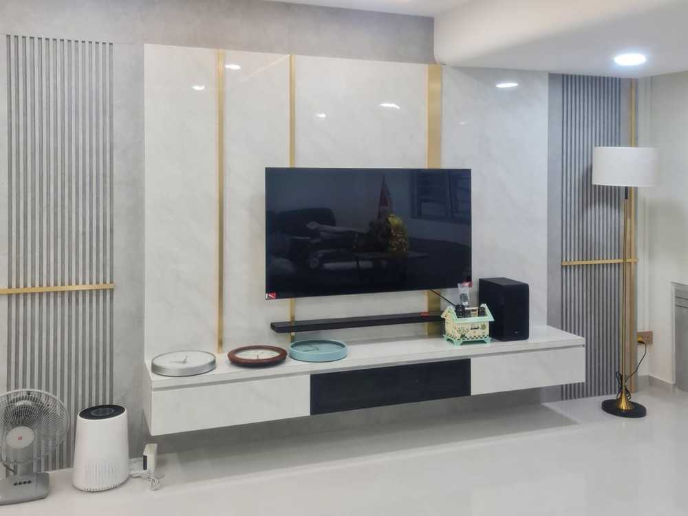 Scandinavian Living Room with TV Console and Feature Wall