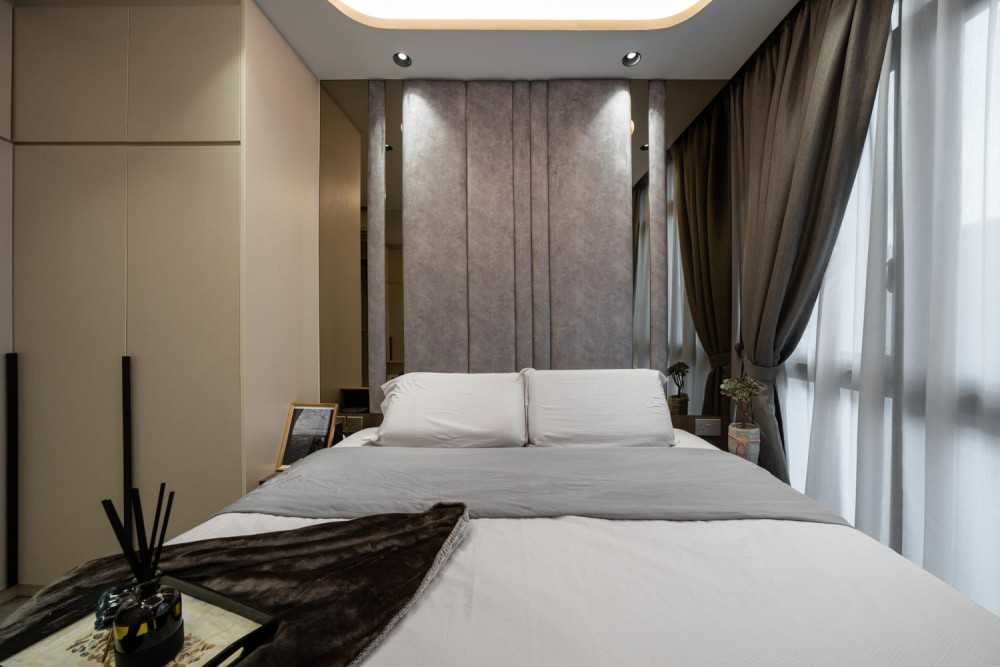 Modern Bedroom with Homogeneous Tiles and Built-in Bed