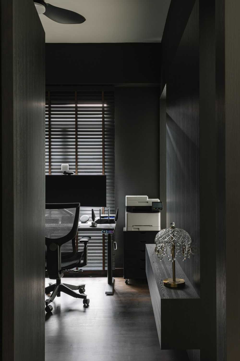 Modern Home Office with Storage Cabinets and Wall Shelves