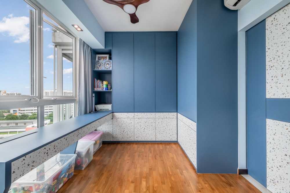 Contemporary Kids Room with Bookshelf and Storage Cabinets
