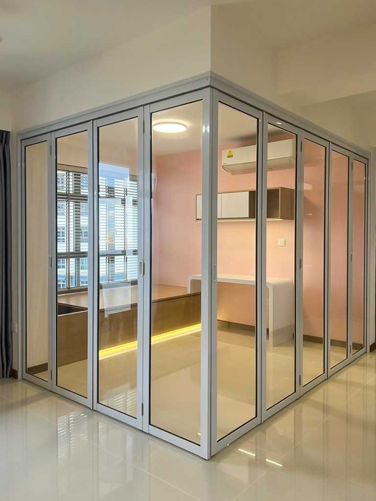 Scandinavian Study with Glass Door and Window Grille