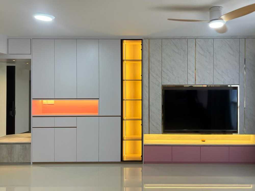 Scandinavian Living Room with TV Console and Paintings