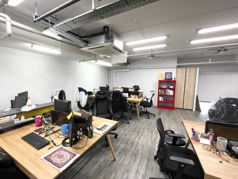 Modern Office with Paintings and Storage Cabinets