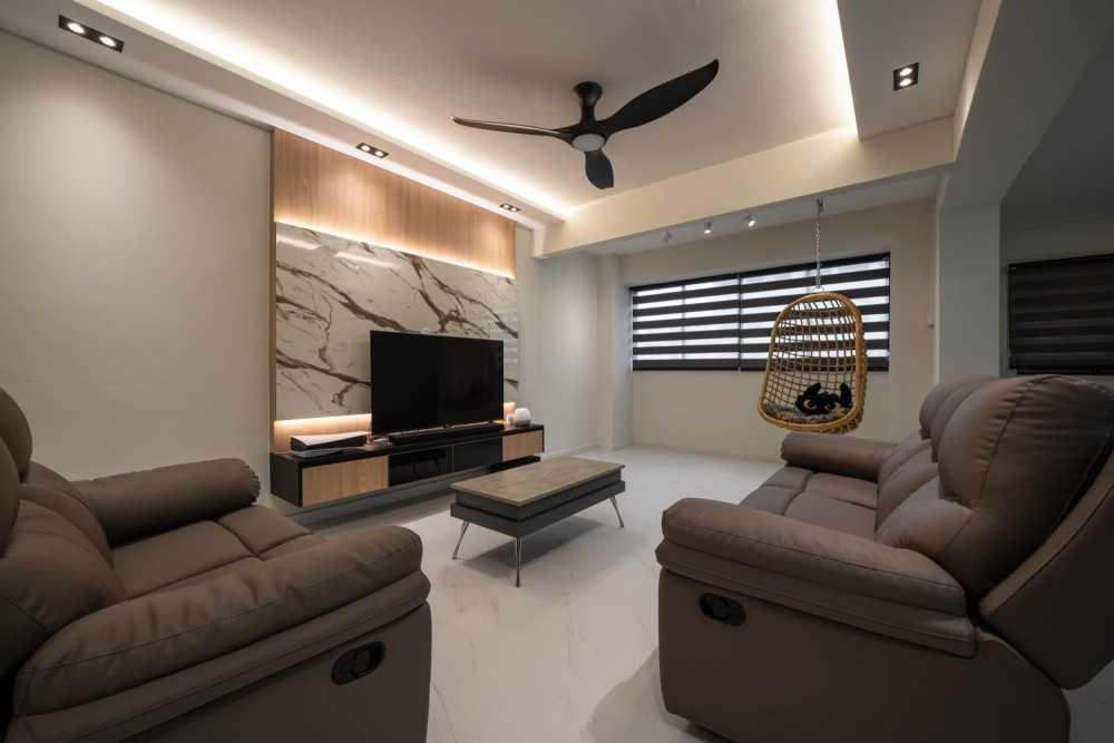 Contemporary Living Room with Homogeneous Tiles and Feature Wall