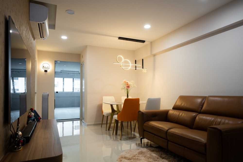 Contemporary Living Room with Homogeneous Tiles and TV Console
