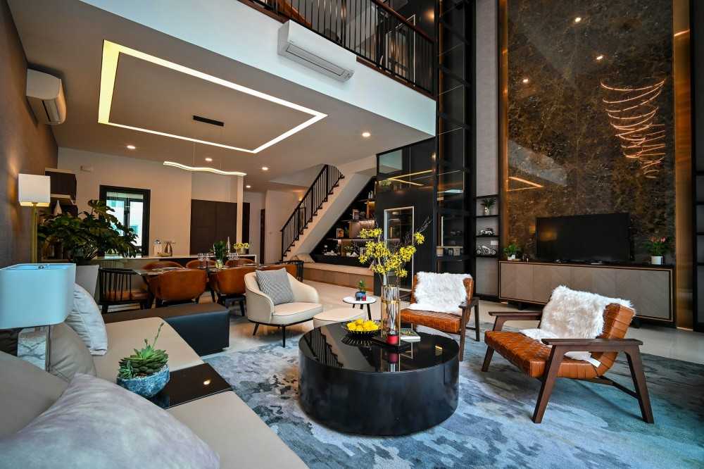 Contemporary Living Room with TV Console and Feature Wall