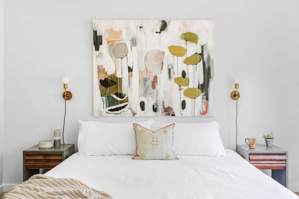 Eclectic Bedroom with Bedside Table and Queen Bed