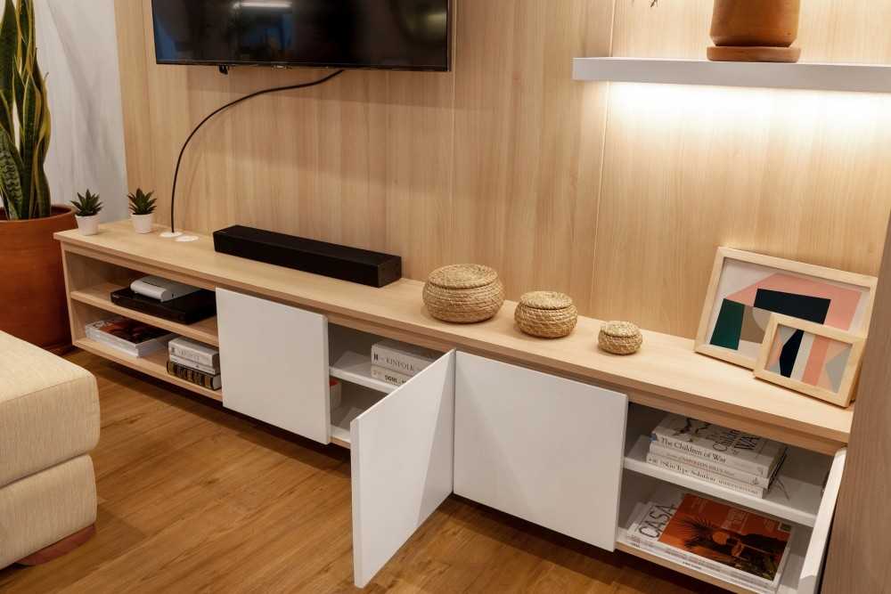 Scandinavian Living Room with TV Console and Feature Wall