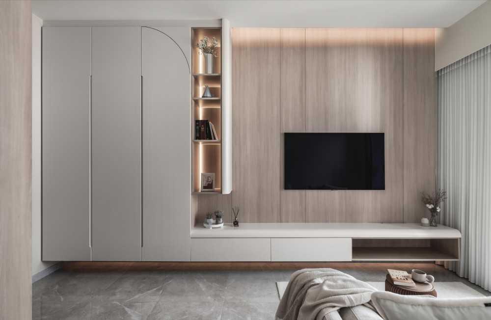 Scandinavian Living Room with TV Console and Feature Wall