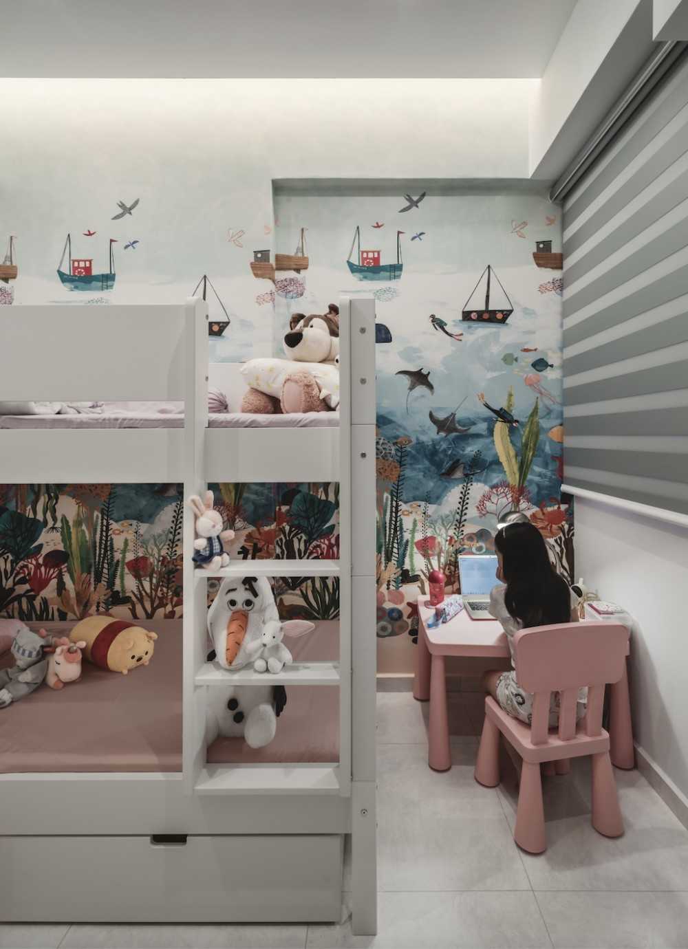 Contemporary Kids Room with Bookshelf and Built-in Bed