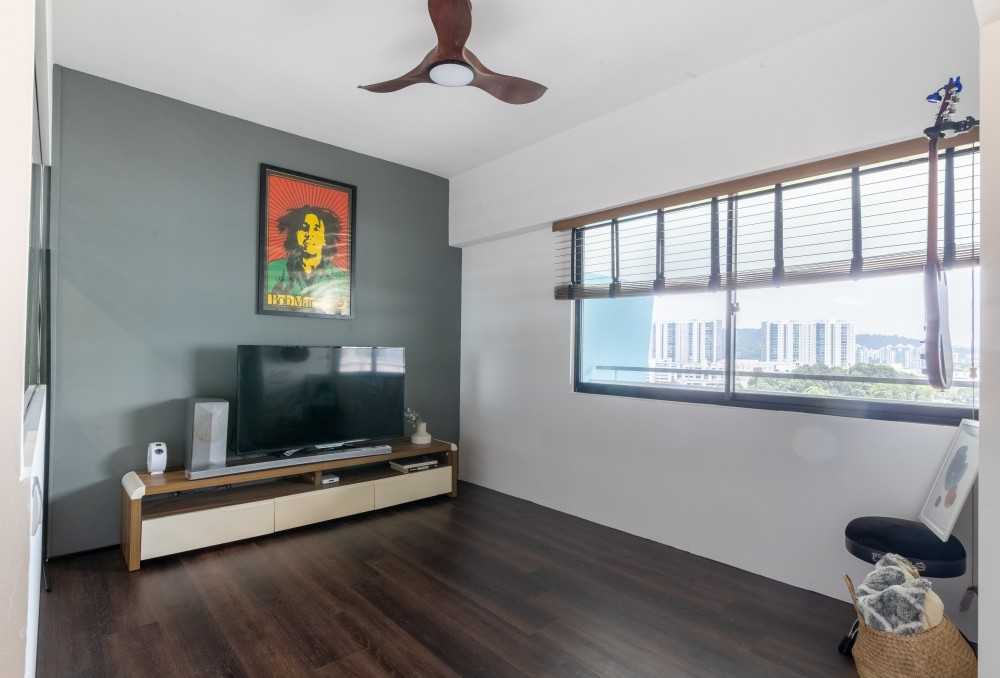 Contemporary Living Room with Parquet Floor and TV Console