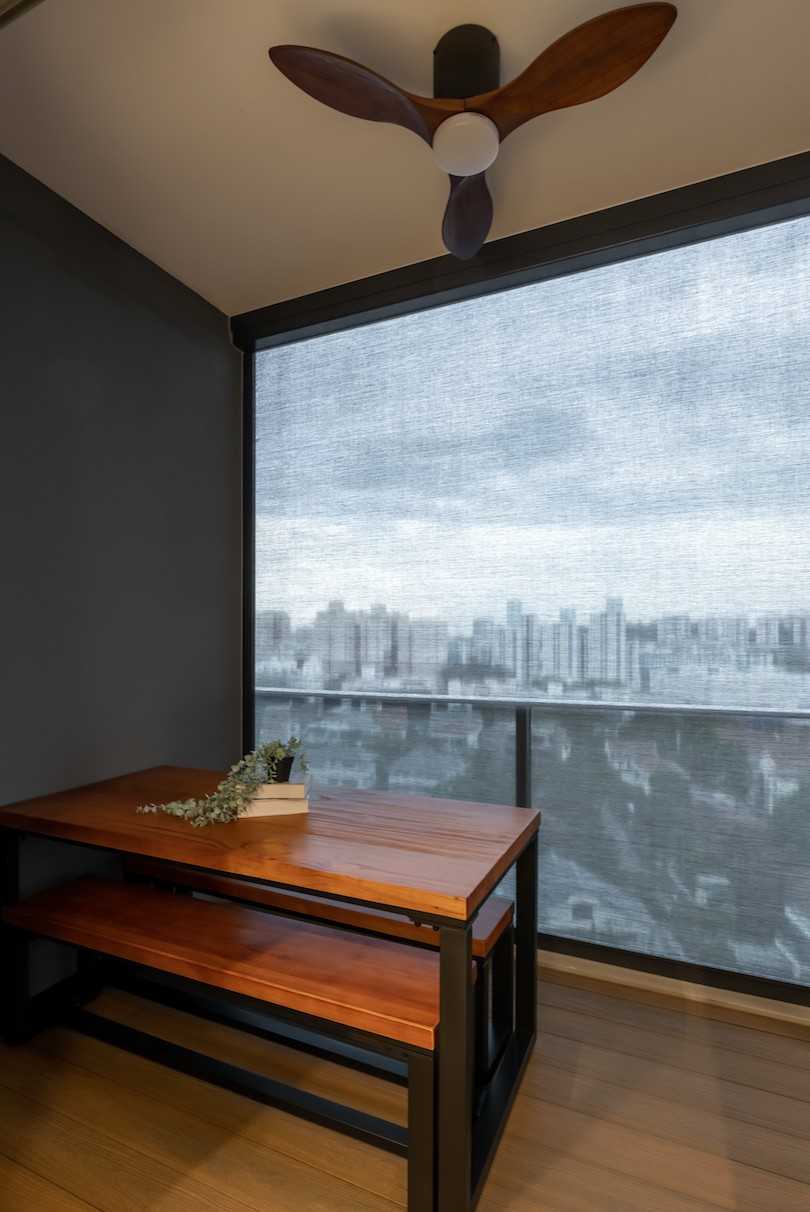 Modern Balcony with Wood Flooring and Window Shutters