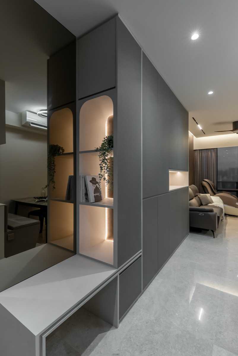 Modern Entryway with Bookshelf and Seating Bench