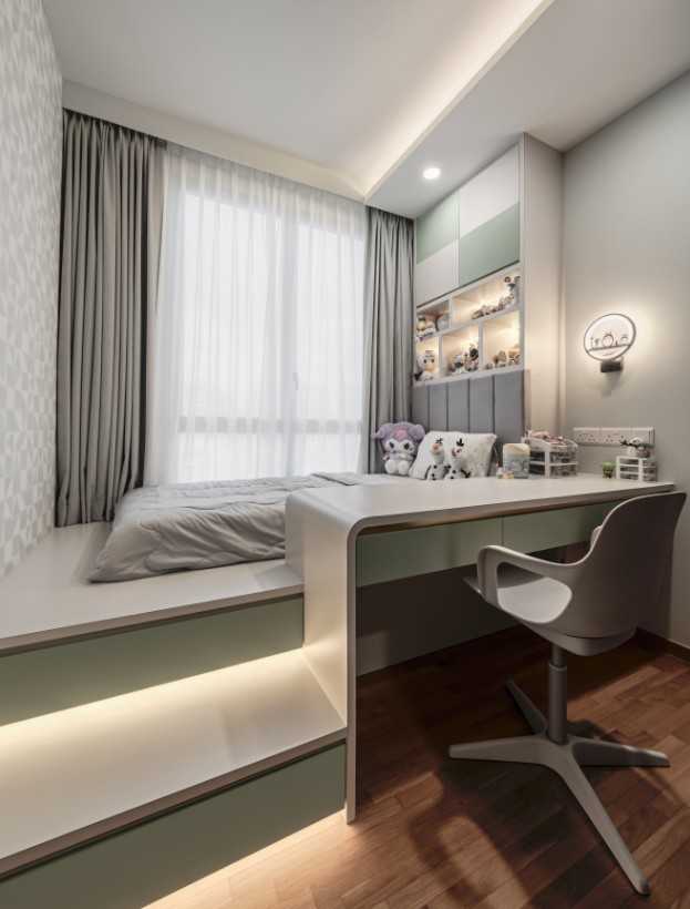 Modern Bedroom with Bookshelf and Vinyl Flooring