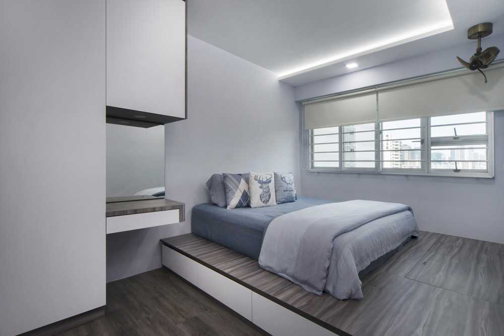 Contemporary Bedroom with Platform Bed and Vinyl Flooring