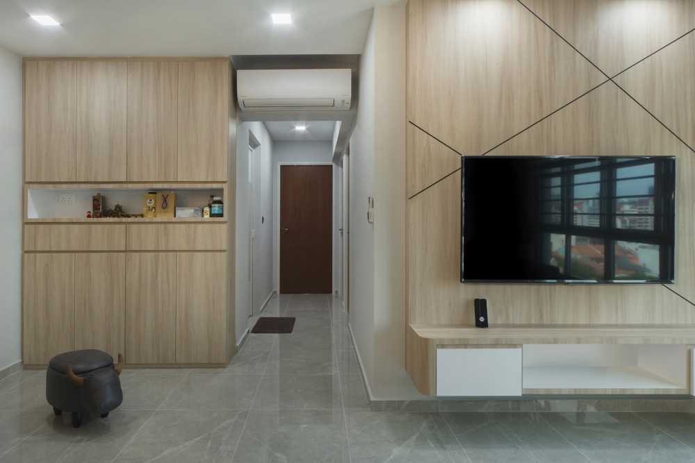 Contemporary Living Room with Homogeneous Tiles and TV Console