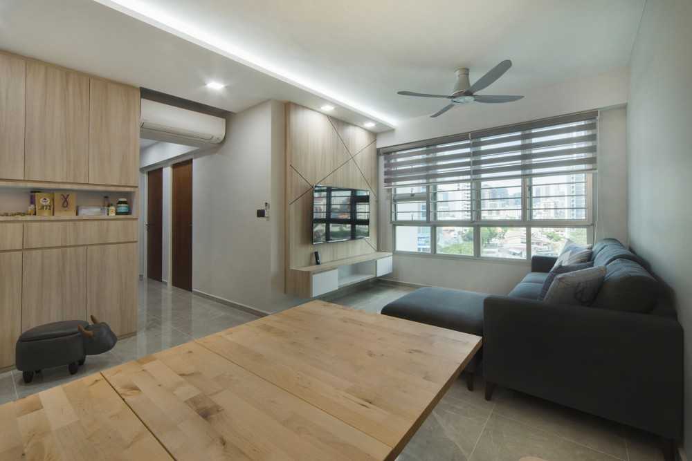 Contemporary Living Room with Homogeneous Tiles and TV Console