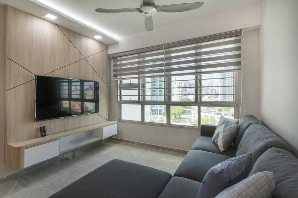 Contemporary Living Room with Homogeneous Tiles and TV Console