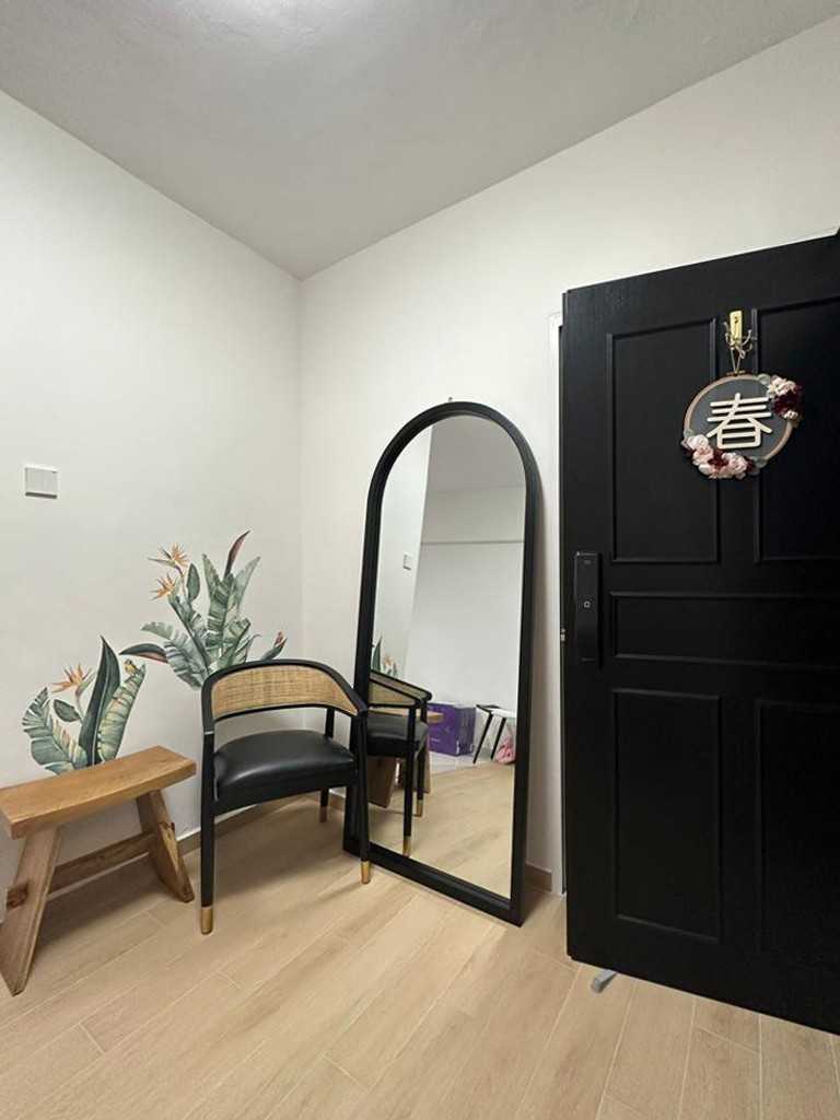 Modern Foyer with Paintings and Flooring