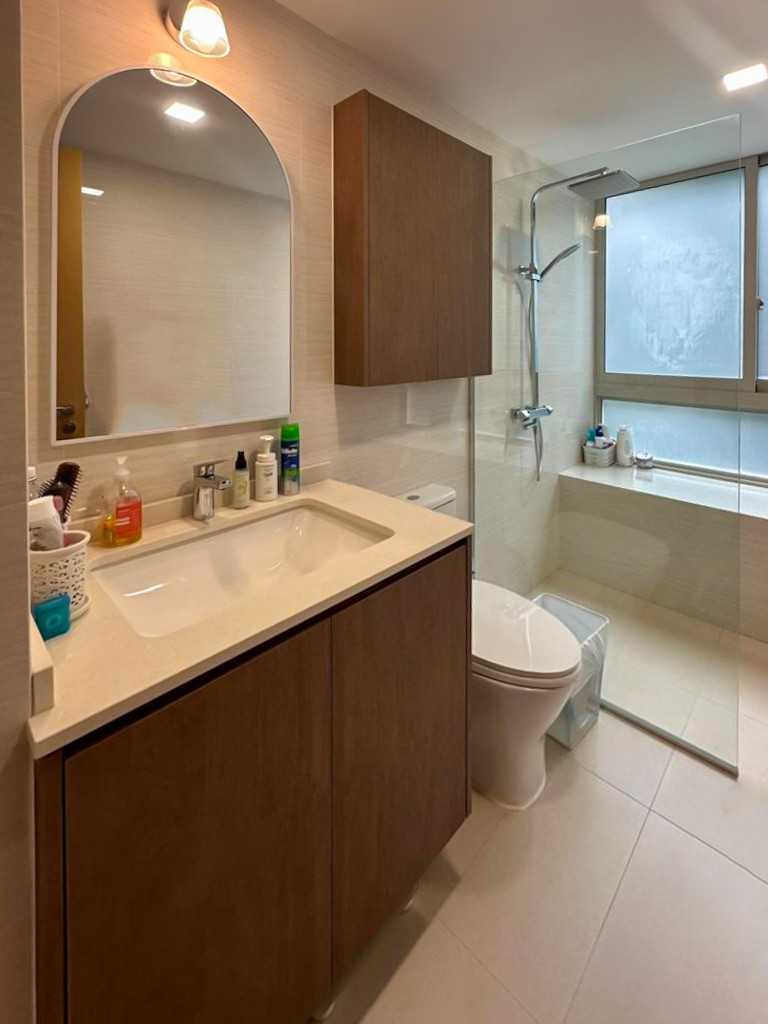 Scandinavian Bathroom with Window Seat and Shower Screen