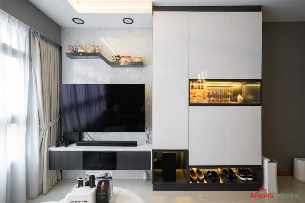 Scandinavian Living Room with Homogeneous Tiles and TV Console