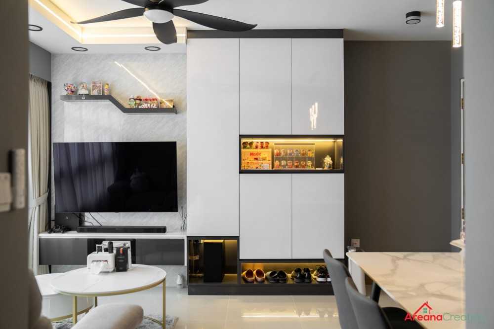 Scandinavian Living Room with Homogeneous Tiles and Sofa