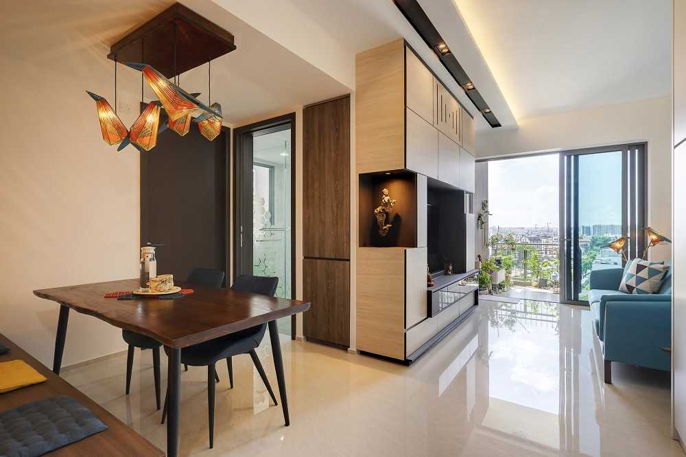 Contemporary Living Room with Homogeneous Tiles and Drop Light
