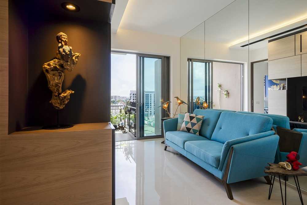 Contemporary Living Room with Homogeneous Tiles and TV Console