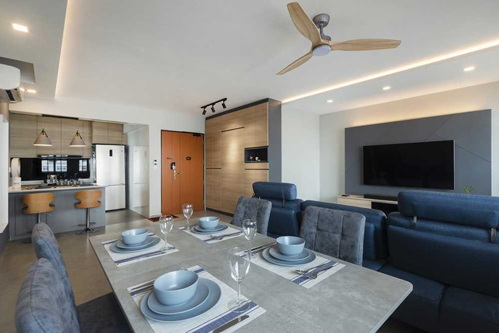 Scandinavian Dining Room with Cove Lighting and Downlights