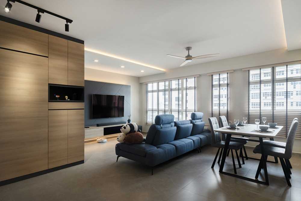 Scandinavian Living Room with Homogeneous Tiles and TV Console