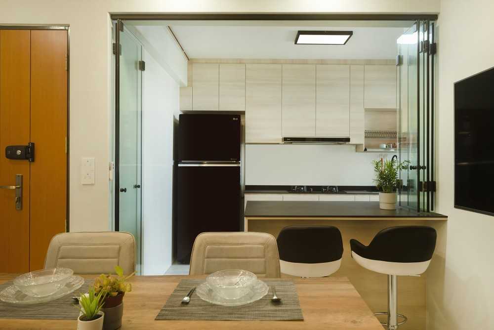 Minimalist Dining Room with Cove Lighting and Downlights