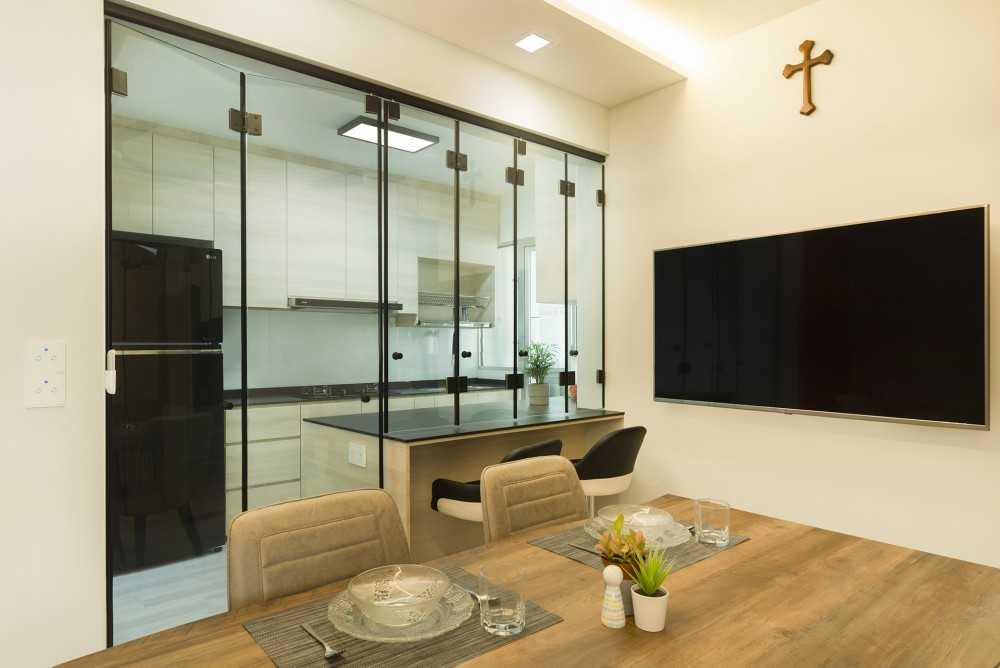 Minimalist Dining Room with Cove Lighting and Downlights