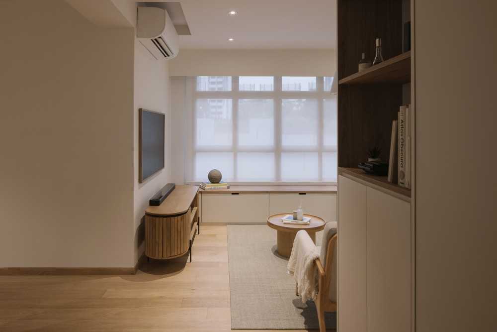 Modern Living Room with Bookshelf and Vinyl Flooring