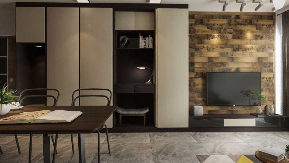 Contemporary Living Room with Bookshelf and TV Console