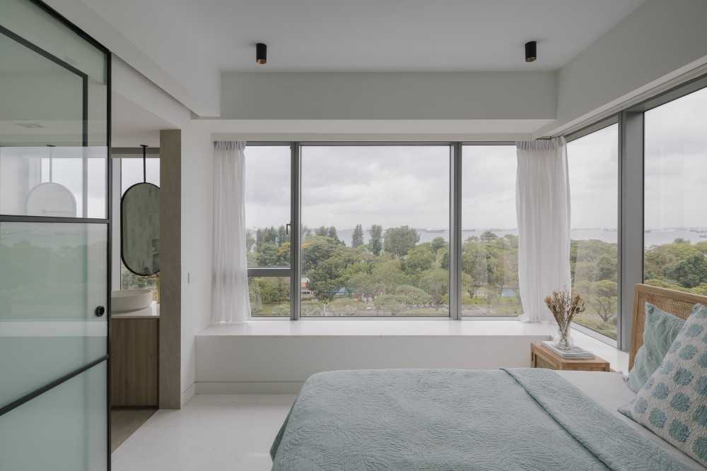 Modern Bedroom with Bay Window and Ceiling Light