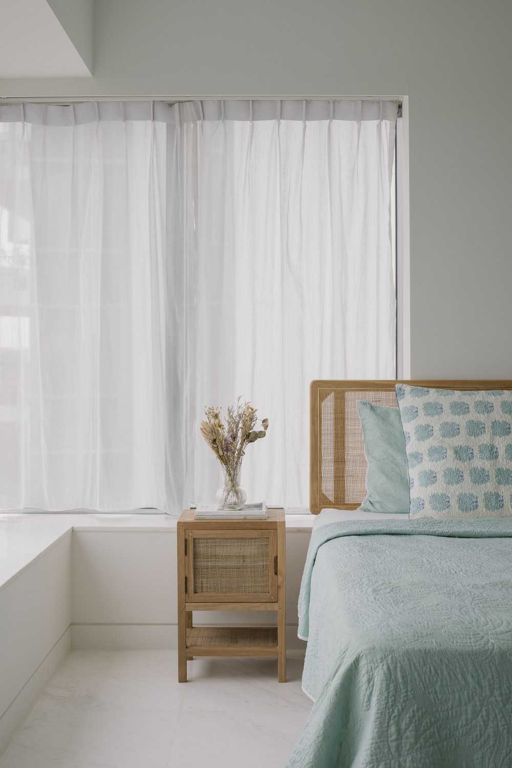 Modern Bedroom with Bay Window and Curtain