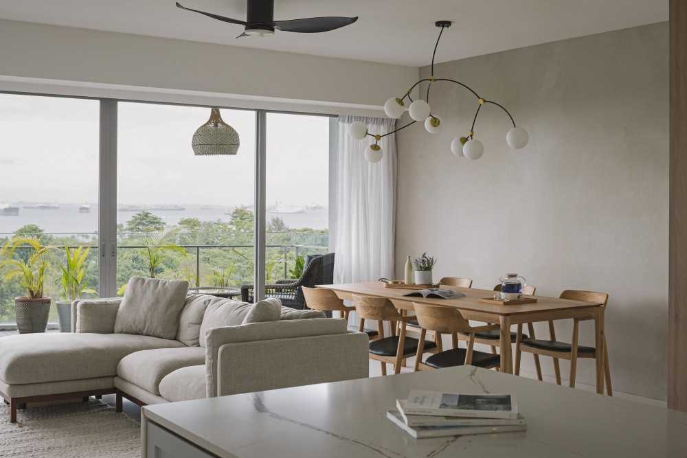 Modern Living Room with Ceiling Fan and Breakfast Counter