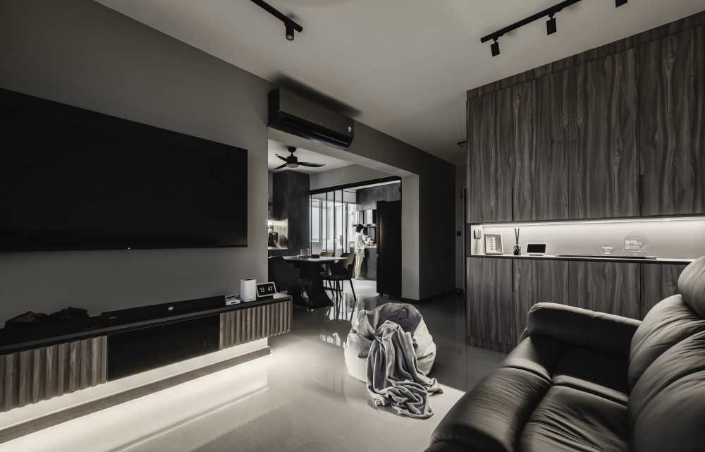 Contemporary Living Room with Homogeneous Tiles and TV Console