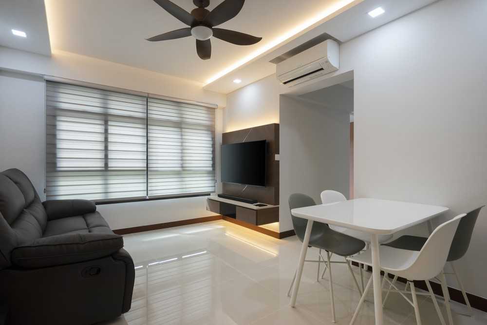Contemporary Living Room with Homogeneous Tiles and TV Console