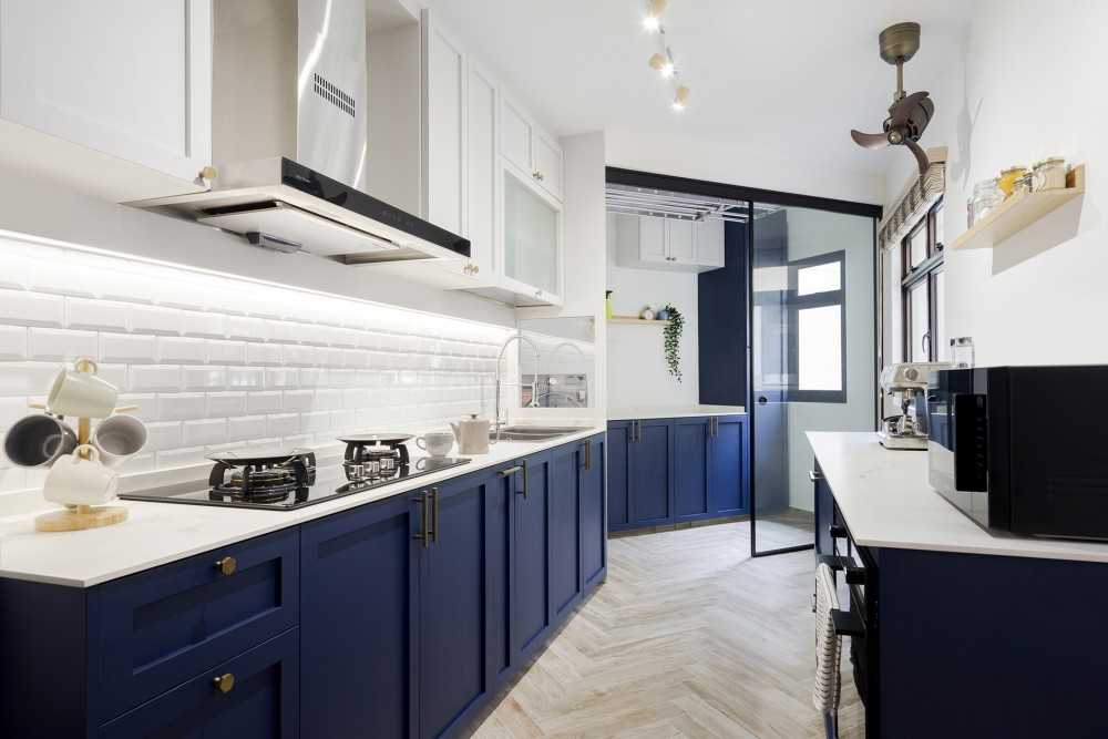 Country Kitchen with Countertop and Herringbone Tiling